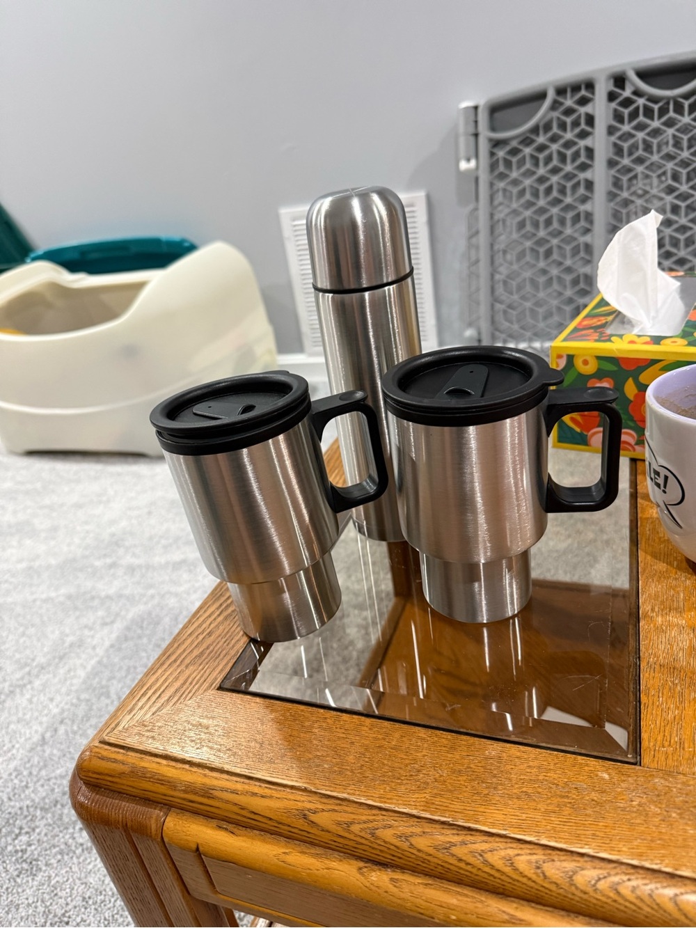 Set of 2 Silver Travel Mugs with Black Lids and Thermos